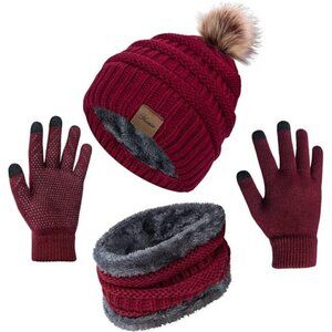 Winter Hat Scarf Touch Screen Gloves Set 3 Pcs Warm Knit Fleece Lined Beanie NEW